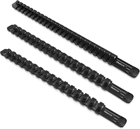 Olsa Tools Socket Organizer Set (3pc, Black) - Socket Holder and Socket Rail for 1/2-Inch, 3/8-Inch, and 1/4-Inch Drive Sockets - Holds 58 Chrome or Impact Sockets - Professional-Grade - Part: 1023