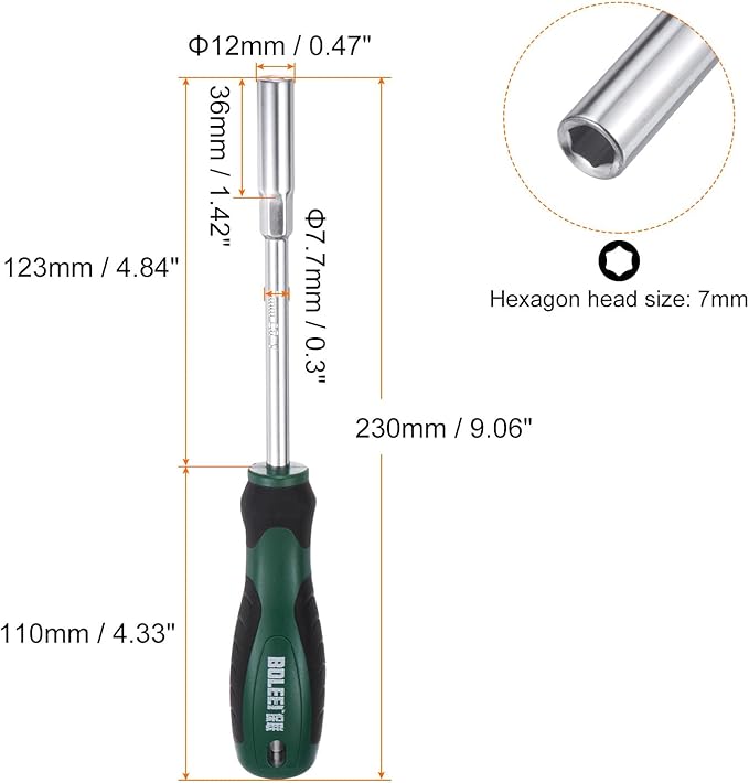 HARFINGTON Metric Nut Driver 7mm CR-V Non-Magnetic Tip Hollow Shafts Hex Socket Screwdriver with Non-Slip Handle for Automobile Repair