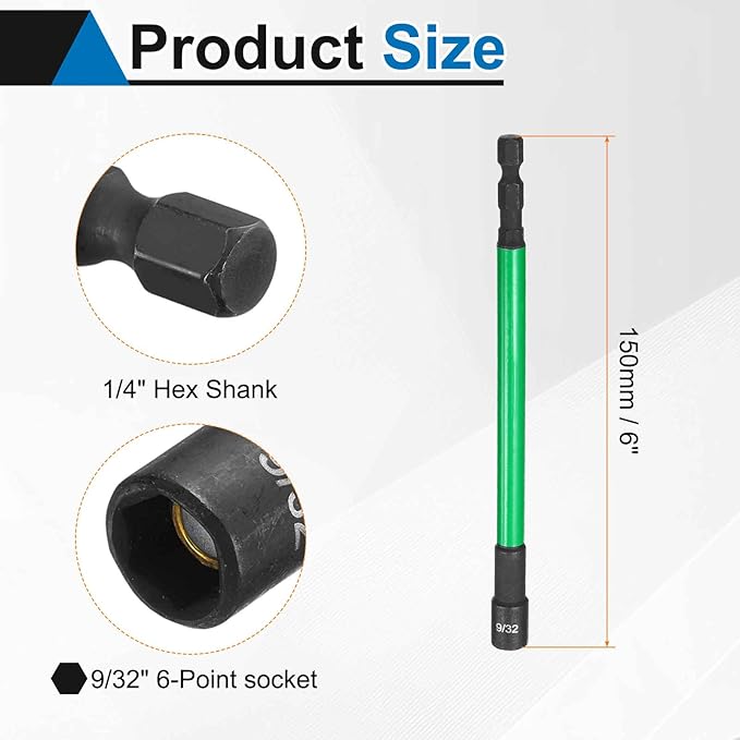 HARFINGTON 3pcs Nut Driver Drill Bit 9/32 Inch SAE Socket 1/4" Hex Shank 6" (150mm) Extra Long Magnetic 6-Point Sockets Quick Change CR-V Steel Bolt Setters for Power Drill Drivers