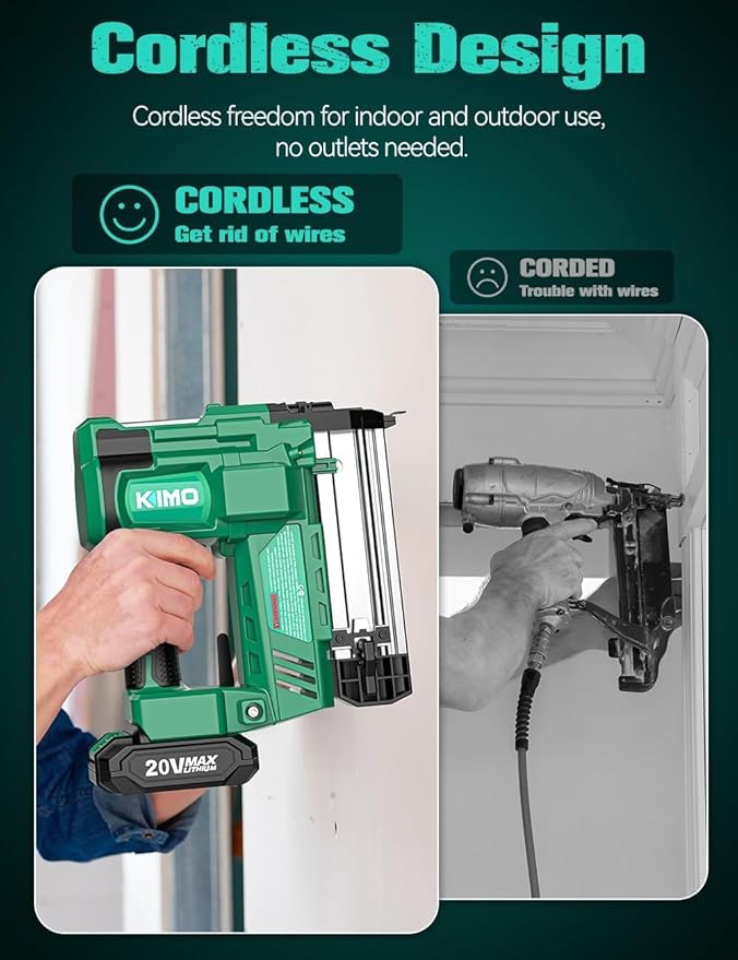 KIMO 2" Brad Nailer Cordless w/ 20V Battery 2.0Ah X 2, 1000pcs Nails and Staples,180 Nails/min, 2 Firing Modes, Adjustable Nailing Depth, 2 in 1 18 Gauge Cordless Nail Gun and Stapler for DIY Project