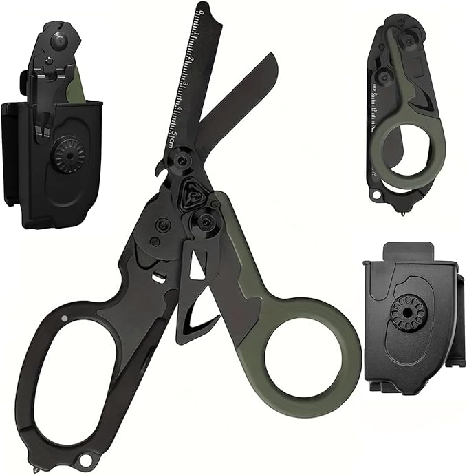 6-in-1 Multifunctional Trauma Shears Foldable with Black Holster, Extreme Environments Emergency Response Trauma Shear for Nurses, First Responders (Black/Green)