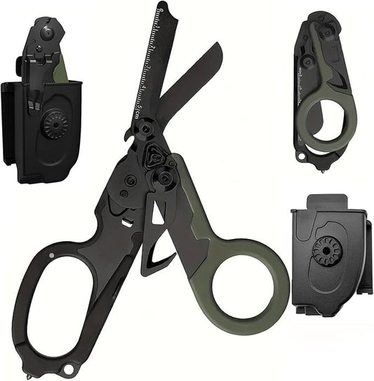 6-in-1 Multifunctional Trauma Shears Foldable with Black Holster, Extreme Environments Emergency Response Trauma Shear for Nurses, First Responders (Black/Green)