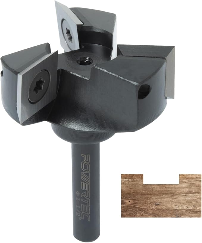 POWERTEC Slab Flattening Router Bit, 1/4" Shank, 1-1/2" Diameter, 1/2" Cutting Depth, 3-Wing Carbide Insert Woodworking Surfacing Bit for CNC Machine, Wood Milling & Live Edge Wood Planing (73053)