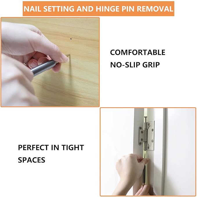 2-Piece Dual Head Nail Setter and Hinge Pin Punch Set, Hammerless 1/32?? 1/16?쿞pring Nail Set, 5000 PSI Striking Force Door Pin Removal Tool