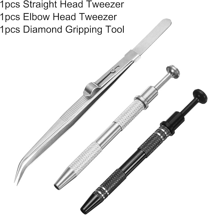 HARFINGTON 3pcs Diamond Tweezer Holder Pick Up Tool Set Stainless Steel 4 Claw Holder Elbow Head Jewelry Locking Tweezer for Tiny Objects Electronic Components, Silver/Black