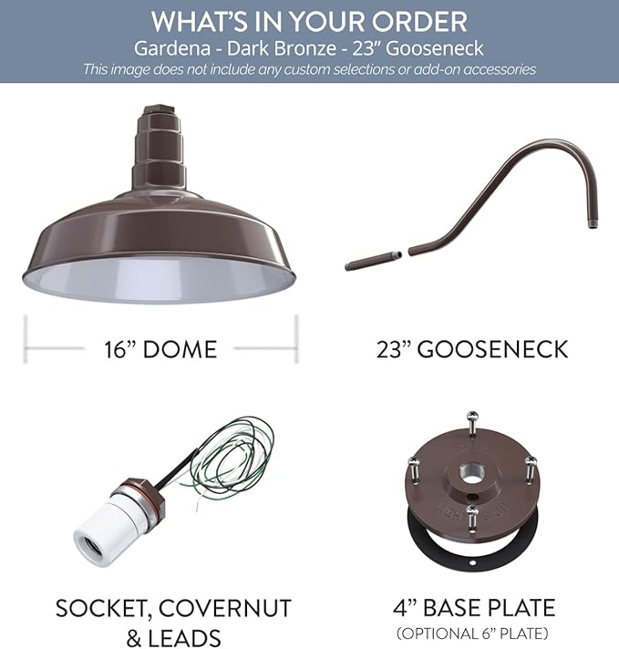 Steel Lighting Co. | Dusk to Dawn | Gardena Barn Light | Outdoor Wall Mounted | 16" Dome | 23" Gooseneck | Farmhouse Light Made in America | Dark Bronze Exterior/White Interior