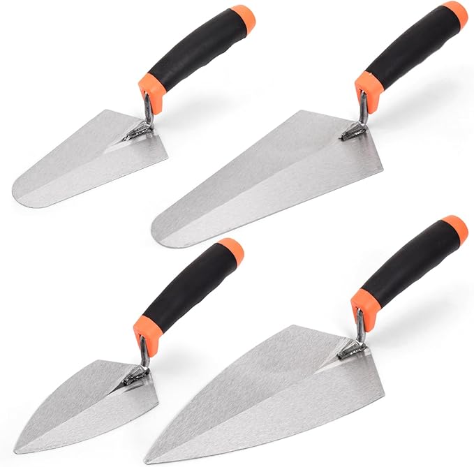 4 Pack 6" Masonry Hand Tool Set, Pointing Trowel Gauging Trowel Set with Rubber Grip, Carbon Steel Masonry Brick Trowels, Bricklaying Trowels for Concrete Cement Plaster Mortar Stucco Tile