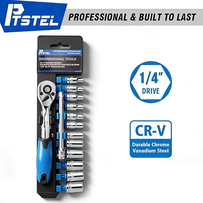 14 Pieces Socket Wrench Kit, 1/4??Drive Socket Set with 72 Teeth Release Ratchet Wrench and Extension Bar, CR-V Sockets