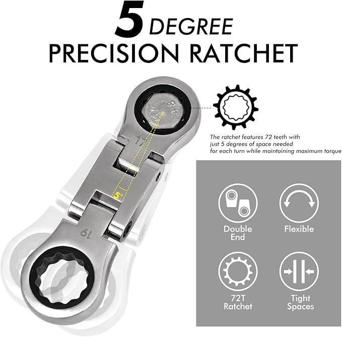 Stubby Wrenches Set, 72-Tooth Flex Head Ratcheting Wrench Set, Compact Double Box End Ratchet Wrench Metric 8-19mm 5 Pieces for Tight Spaces