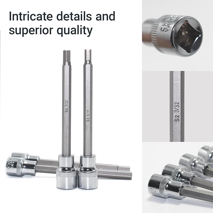 19-Piece 3/8 Inch Drive Extra Long Allen Hex Bit Socket Set, Standard SAE (1/8" - 3/8"), Metric (3mm-12mm), CR-V & S2 Alloy Steel Durable Tool Accessories Kit for Mechanics