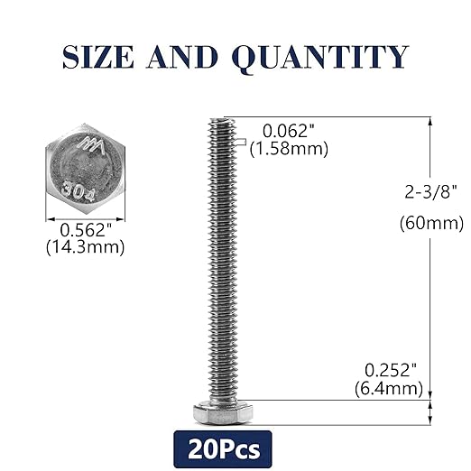 3/8-16 x 2-3/8" Hex Head Screw Bolt, 20Pcs 18-8 (304) Stainless Steel, Fully Threaded, Plain Finish, by SG TZH