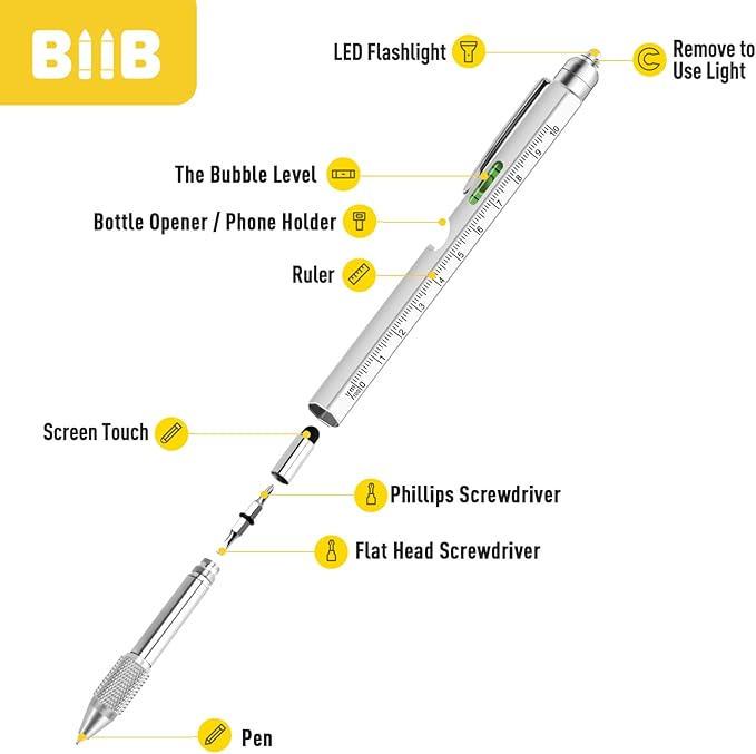 BIIB Gifts for Men 9 in 1 Multitool Pen, Stocking Stuffers for Men Teens Him, Mens Christmas Gifts for Him Dad Husband Grandpa, White Elephant Gifts for Adults, Dad Gifts Gadgets