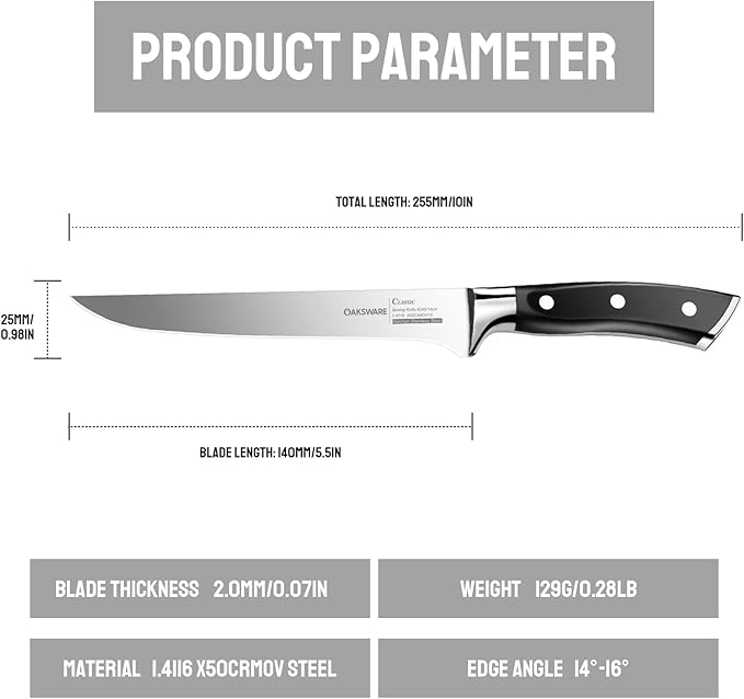 OAKSWARE Boning Knife 5.5-Inch, German Stainless Steel, Full-Tang, Fillet Knife, Kitchen Knife, Multipurpose Meat Knife for Boning, Filleting and Trimming, With Ergonomic ABS-Handle