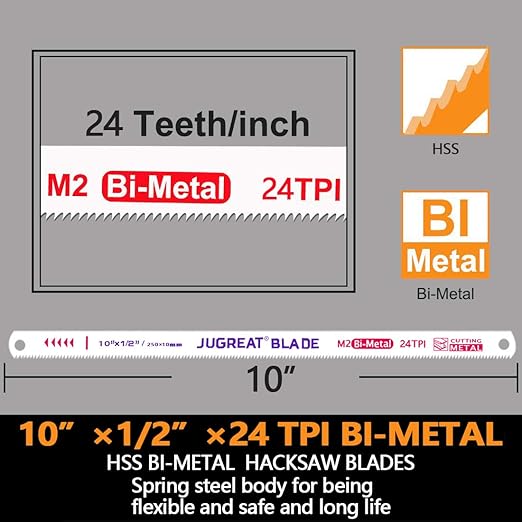 JUGREAT 10" Hacksaw Blades Replacement Bi-Metal Safe Flex, High Speed Steel - 24TPI (10 Pack)