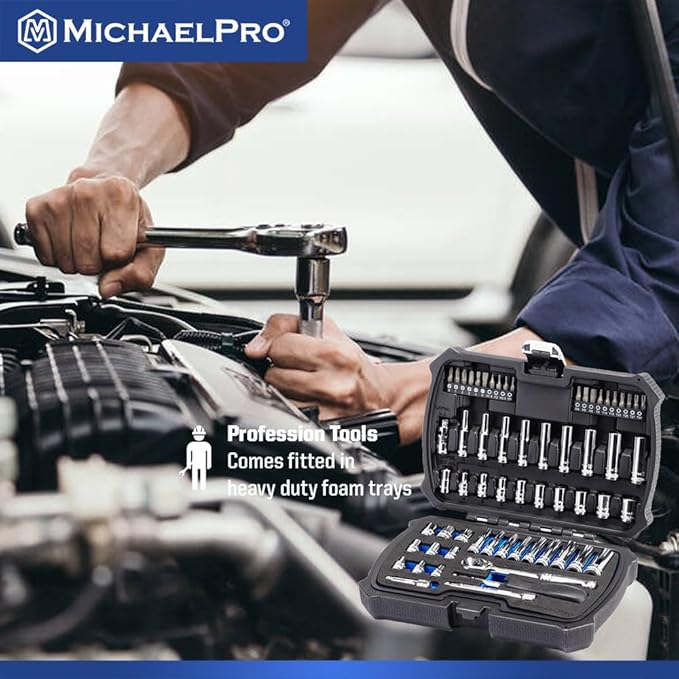 MichaelPro 62-Piece 1/4'' Dr. Socket Set, 90-Tooth Standard & Deep Sockets, SAE 3/16''-1/2'' & Metric 4-12mm, CR-V Steel, 6-Point Design, with Ratchet, Extensions, Spinner Handle, 1/4" Bits | MP005059