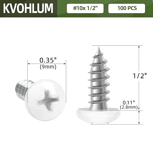 100 PCS #10 x 1/2" White Head Sheet Metal Screws, Pan Head Phillips Fast Self Tapping Screws, Carbon Steel Round Head Wood Screws, Screwdriver Bit Included