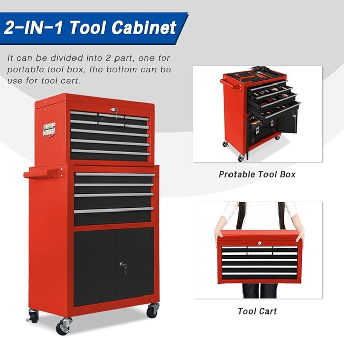 13-Drawer Tool Chest with Double Door and wheels, Large Detachable Toolbox with Sliding Drawers, Mechanic Tool Box Storage Cabinets, Metal Tool Cart for Garage Workshop (RED＆BLACK)