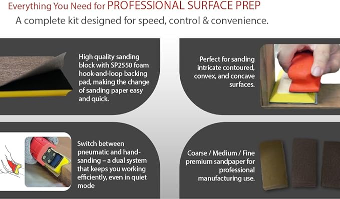 Straight Line Air Sander +13 contoured sanding blocks + 60 Sandpaper sheets Only 520 g for less fatigue. For woodworking, furniture & metal prep. 1-year warranty.