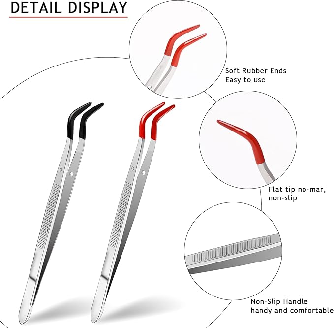 2 PCS Craft Tweezers with Rubber Tips, Metal Sticker Tweezers Soft PVC Coated Curved Angled Tweezers Anti-Satic Non-slip Industrial Clip Tong Tools for Lab Jewelry Making,DIY Crafting, Stamp,Coins
