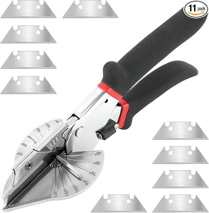 Miter Shears, Multi Angle Miter Shear Cutter With 10 Replacement Blades, 45-135 Degree Adjustable Angle Scissors Trim Shears Tools for Cutting Plastic, PVC and Thin Wood Strips