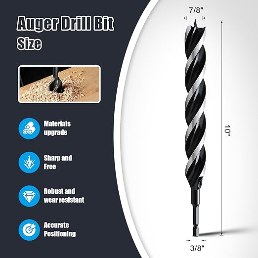 7/8" x 10" Auger Drill Bit for Wood, Hex Shank Tri Flute Ship Auger Long Drill Bit for Soft and Hard Wood,Tree Stump,Plastic,Drywall and Composite Materials