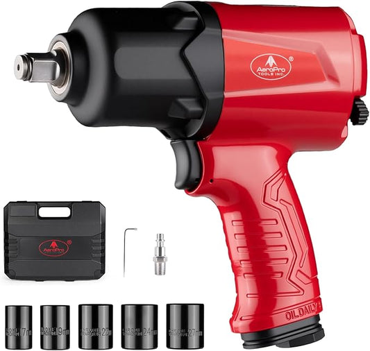 AEROPRO TOOLS 1/2-Inch Aluminum Air Impact Wrench(A398),Twin Hammer with 1380FT-LB Max Loosening Torque, Pneumatic Impact Gun, for Auto Repair, Tire Shop (1380 ft-lbs | Air Impact Wrench + Socket)
