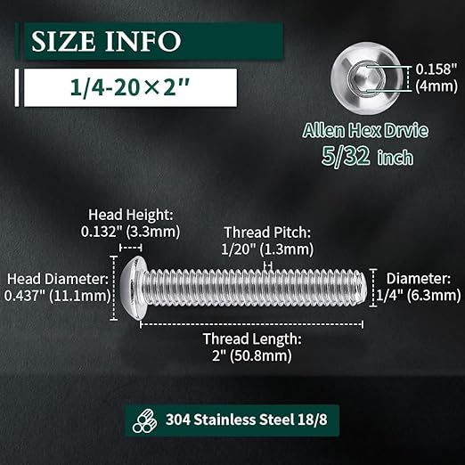 1/4-20 x 2 Button Head Socket Cap Bolts Screws, 304 Stainless Steel 18-8, Allen Hex Drive, Bright Finish, Fully Machine Thread, Pack of 25
