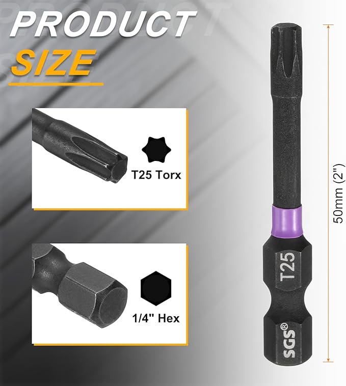HARFINGTON 5pcs T25 Torx Head Impact Screwdriver Bits 1/4" Hex Shank 2" (50mm) Long Magnetic No Hole Tamper Proof 6 Point Star Screw Driver Drill Bits Phosphate S2 Steel Power Tools