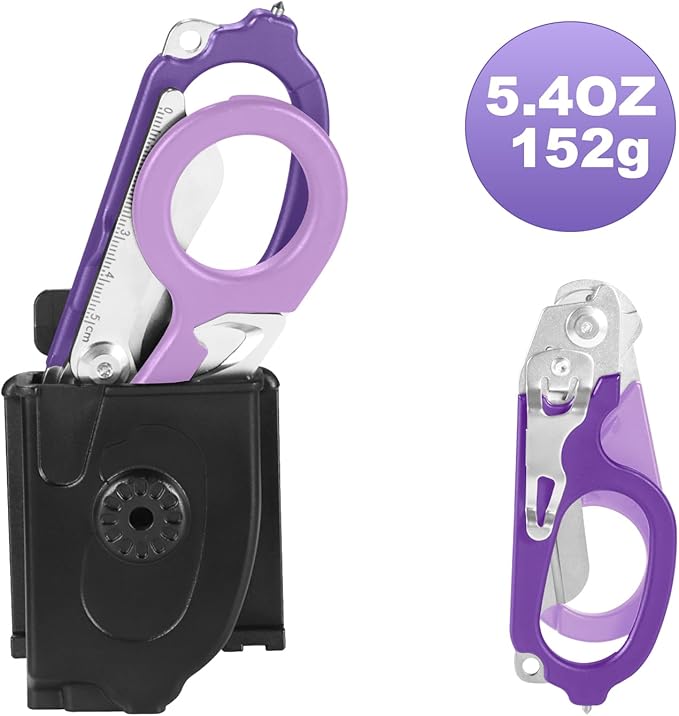 Multi Tool 6 in 1 Emergency Response EMT Shears With Holster竊똕tainless Steel Foldable Trauma Shears with Strap Cutter and Glass Breaker, Outdoor Camping Tools (Purple)