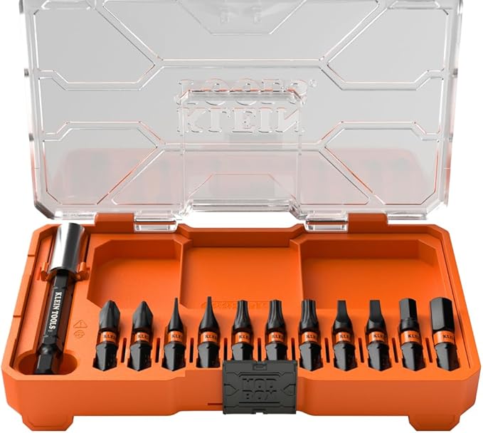 Klein Tools 33801S Impact Driver Bit Set, 12-Piece, S2 Steel, MODbox Compatible Storage Case, Magnetic Bit Holder, Professional Driver Bits