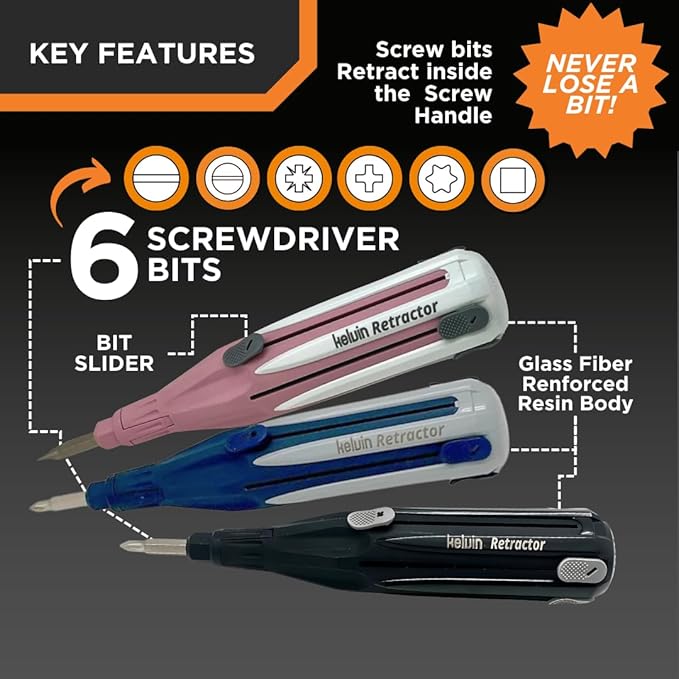 Kelvin Tools Retractor - Retractable All-In-One Screwdriver Quick Change Phillips Head and Flat Head, Upgraded Retract-A-Bit Screwdriver, Durable & Lightweight - MADE in NORTH AMERICA