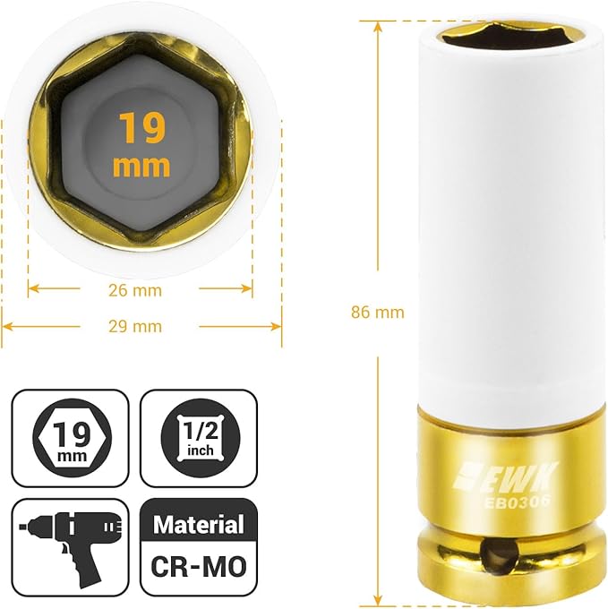 EWK 1/2" Drive 19mm Lug Nut Socket, 19mm Socket for Wheel Service, Non-Marring Protective Sleeve Prevents Damage to Custom Rims