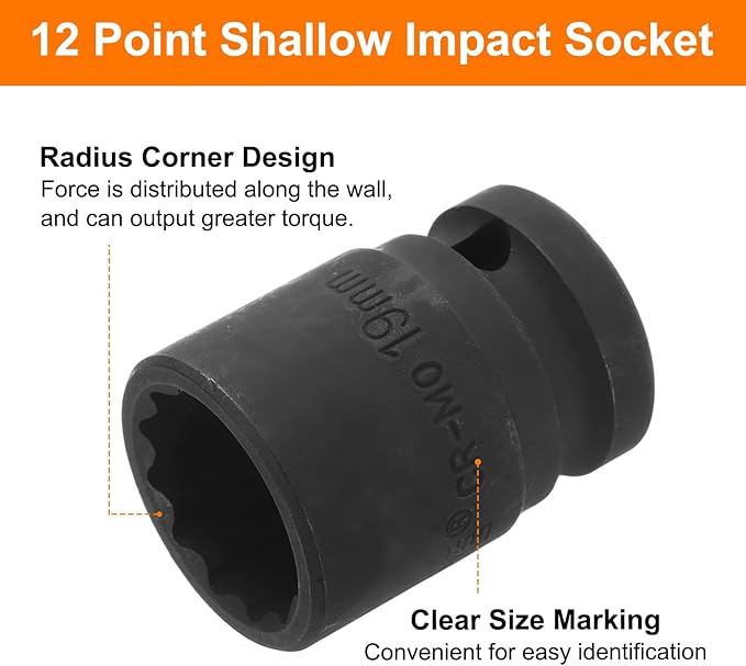 uxcell 1/2" Drive x 19mm Shallow Impact Socket 12-Point Metric CR-MO Steel Nut Impact Grade Socket for Auto Repair