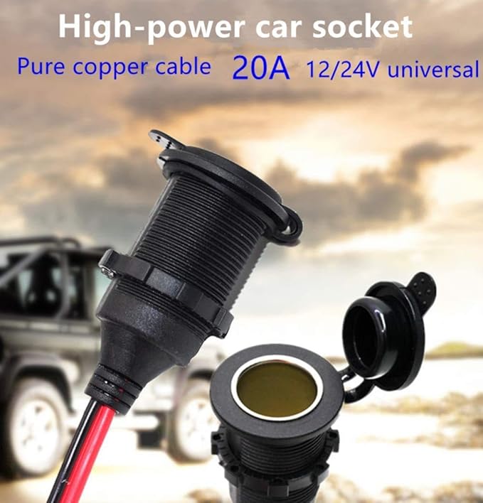 12V/24V Fixed Thread Cigarette Lighter Socket Extension Cable with Perforated Terminal Direct Battery Type car Adapter 2.5mm² 20A Heavy Duty Cable 10FT（Free Two Blade fuses）