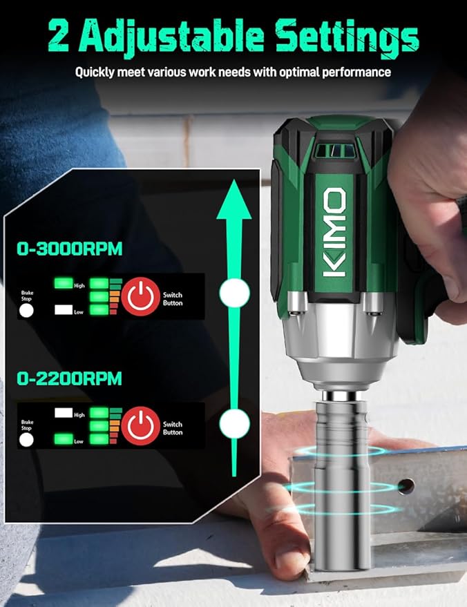 KIMO Cordless Impact Wrench, 550N.m/406ft-lbs, 7Sockets,3Inch Extension Bar, High Torque Brushless Wrench with 3/8" Chuck, 3000 RPM, 4000mAh Li-ion Battery, Charger, Power Impact Driver for Car