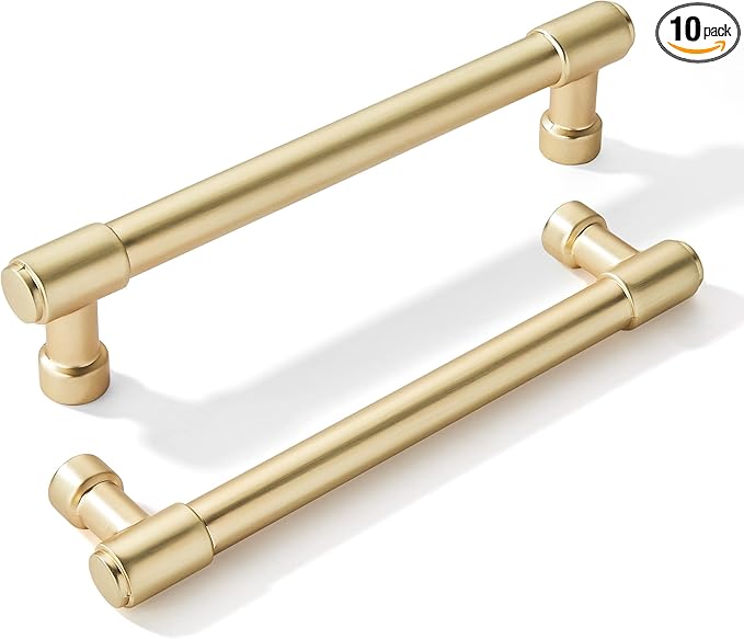 Khtumeware 10 Pack Brushed Brass Cabinet Hardware - 6 Inch(152mm) Hole Center Gold Drawer Pulls for Kitchen, Bathroom, Dresser