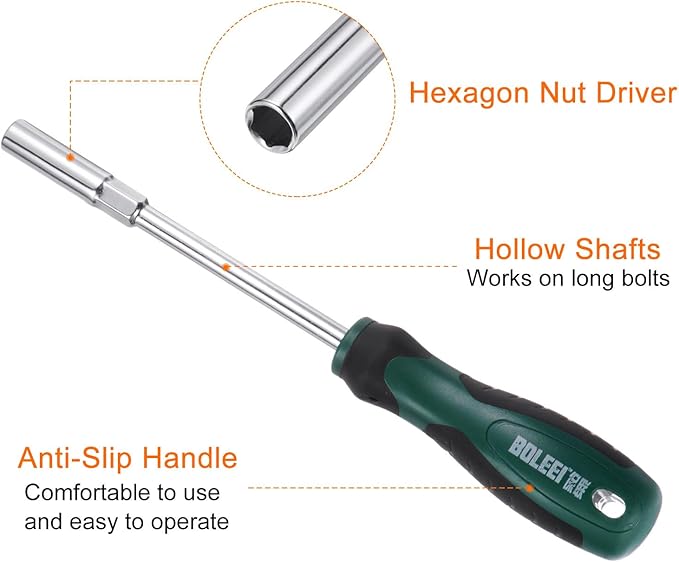 HARFINGTON Metric Nut Driver 8mm CR-V Non-Magnetic Tip Hollow Shafts Hex Socket Screwdriver with Non-Slip Handle for Automobile Repair