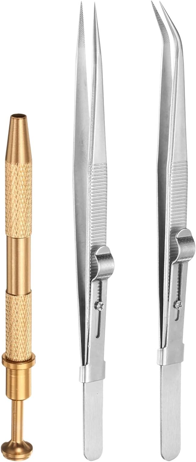 HARFINGTON 3pcs Diamond Tweezer Holder Pick Up Tool Set Stainless Steel 4 Claw Holder Straight/Elbow Head Jewelry Locking Tweezer for Tiny Objects Electronic Components, Silver/Gold