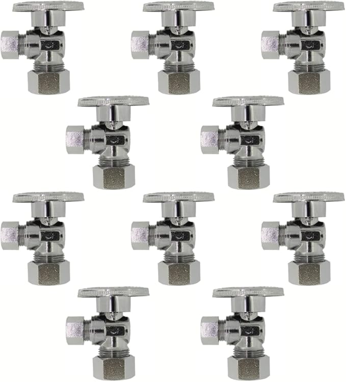 Angle Stop Valve 5/8" OD (1/2" Nominal) Compression x 3/8" OD Compression- Chrome Plated Brass 쩌 Turn Angle Valve For Water Pipes, Toilets, Sinks- Lead-FreeWater Shut Off Valve, 10 Pack