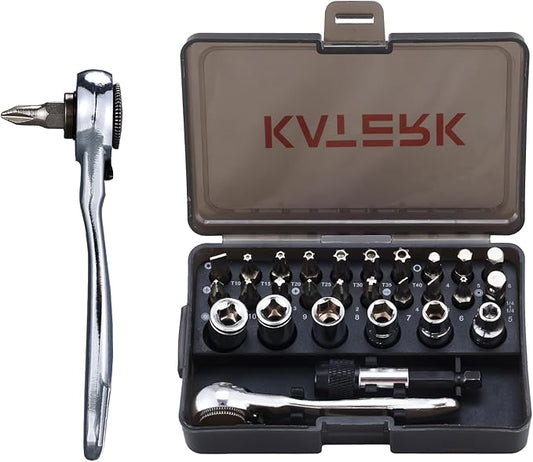 Katerk 28 in 1 Magnetic Screwdriver Set, 90 Degree Offset Ratcheting Wrench, Mini Ratchet Wrench Set, Right Angle Ratcheting Screwdriver Set and Bit with Metric Socket Set for Tight Spaces