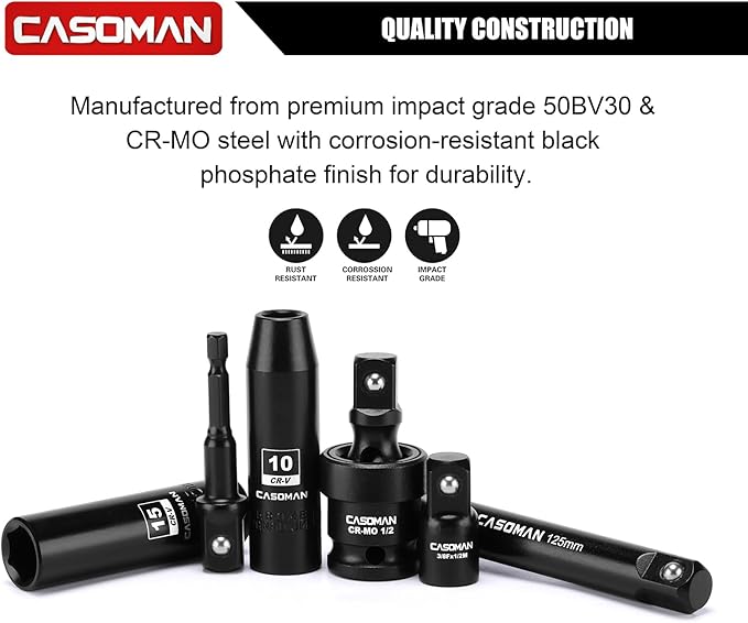 CASOMAN 33 PCS 1/2" Drive Deep Impact Socket Set with Case, 6-Point, 10mm - 36mm, Metric, Include Extension Bars, Drill Adapter and Universal Joint
