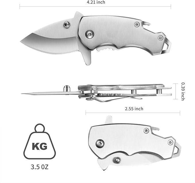 Small Pocket Knife for men, 1.58 Inch Blade, Silver Stainless Steel, Compact Keychain knife with Safety Lock and Clip for Camping, Hiking, Daily Task, Mini Folding Box Cutter EDC Gadgets Tools