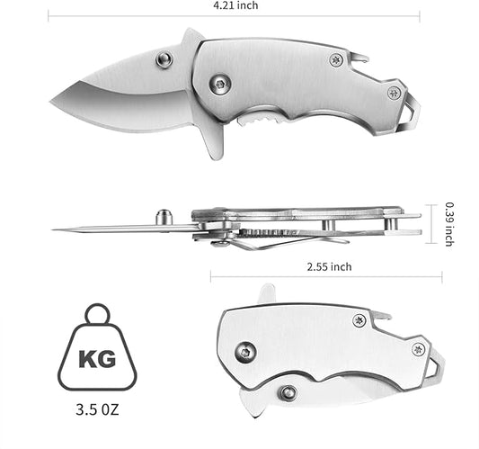 Small Pocket Knife for men, 1.58 Inch Blade, Silver Stainless Steel, Compact Keychain knife with Safety Lock and Clip for Camping, Hiking, Daily Task, Mini Folding Box Cutter EDC Gadgets Tools