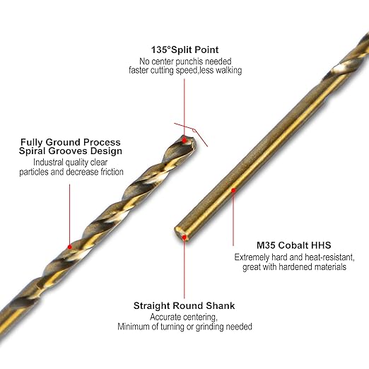 SALI Cobalt Drill Bit Set, 10Pcs 1/16" M35 High Speed Steel Jobber Length Drill Bit Kit for Hardened Metal, Stainless Steel, Cast Iron, Wood and Plastic, with Index Storage Case