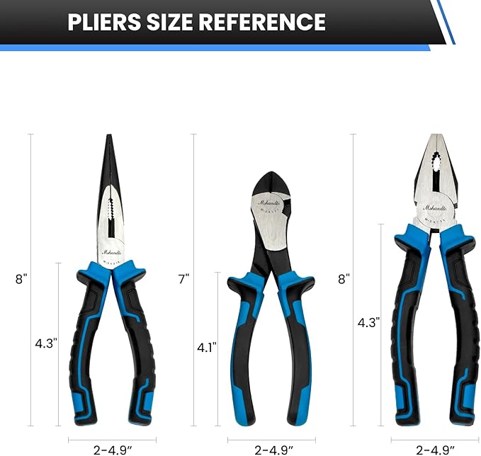 3 Pieces Plier Set, 8" Needle Nose Pliers, 8" Linesman Pliers and 7" Diagonal Cutting Pliers, Premium High Carbon Construction for Cutting, Plumbing, and General Applications Multi-use Tools