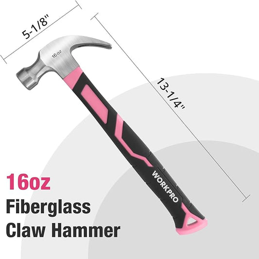 WORKPRO 16 oz Claw Hammer with Fiberglass Handle, All Purpose Hammer with Forged Hardened Steel Head, Pink Ribbon