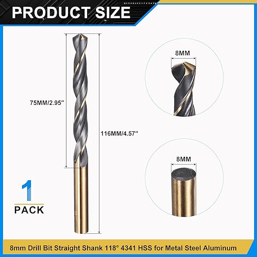 PATIKIL 8mm Drill Bit, Jobber Straight Shank 4341 High-Speed Steel 118째 Black and Gold Finish for Medium-Hard Metal Steel Acrylic - 1 Pack