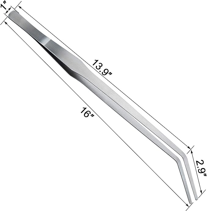 OIIKI 15 inch Curved Aquarium Tweezers, Stainless Steel Polished Tongs Tweezers with Precision Serrated Tips for Garden, Kitchen, Indoor & Outdoor