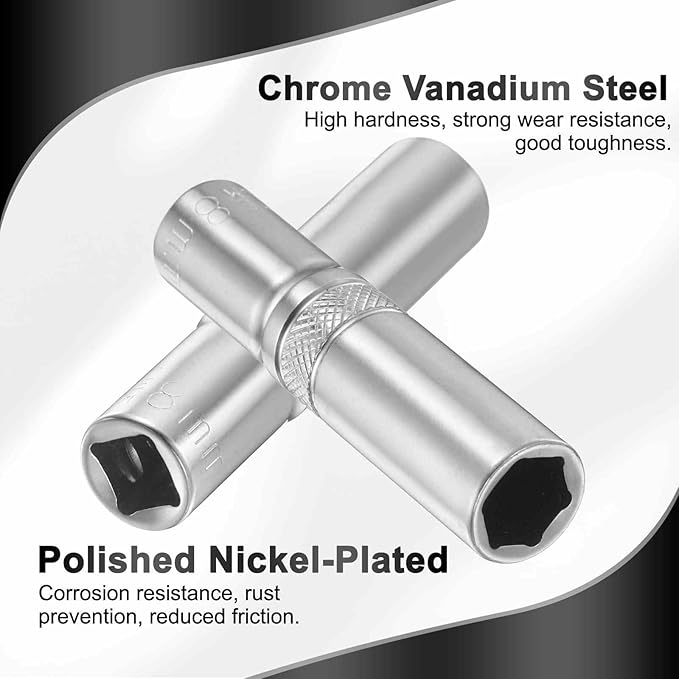 HARFINGTON 6 Points Deep Socket 1/4" Drive 8mm Deep Metric CR-V Steel Polished Nickel Plating Flip Sleeve 50mm / 2" Extra Long Socket Tool for Home Auto Nuts Bolts Repair
