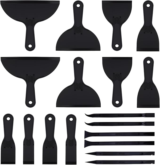 18 PCS Plastic Putty Knife, Includes 12 Plastic Putty Filler Knife and 6 Scrapers Tool, Flexible Putty-Scraper for Spackling, Repairing Drywall, Removing Wallpaper, Applying Mud or Plaster